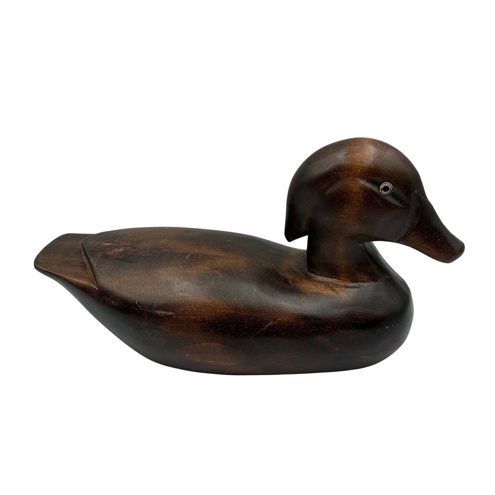 Vintage Hand Carved Solid Wood Duck Decoy Dark Stain Rustic Cabin Decor 11.5in